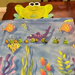 Sea shower curtain, hooks and bath toy holder